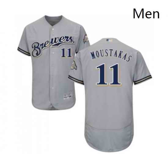 Mens Milwaukee Brewers 11 Mike Moustakas Grey Road Flex Base Authentic Collection Baseball Jersey